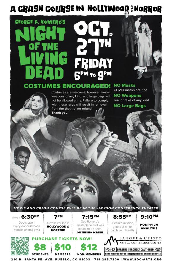 Promotional poster for George A. Romero’s Night of the Living Dead: A Crash Course in Hollywood and Horror.” Photo provided by Sangre de Cristo Arts and Conference Center.
