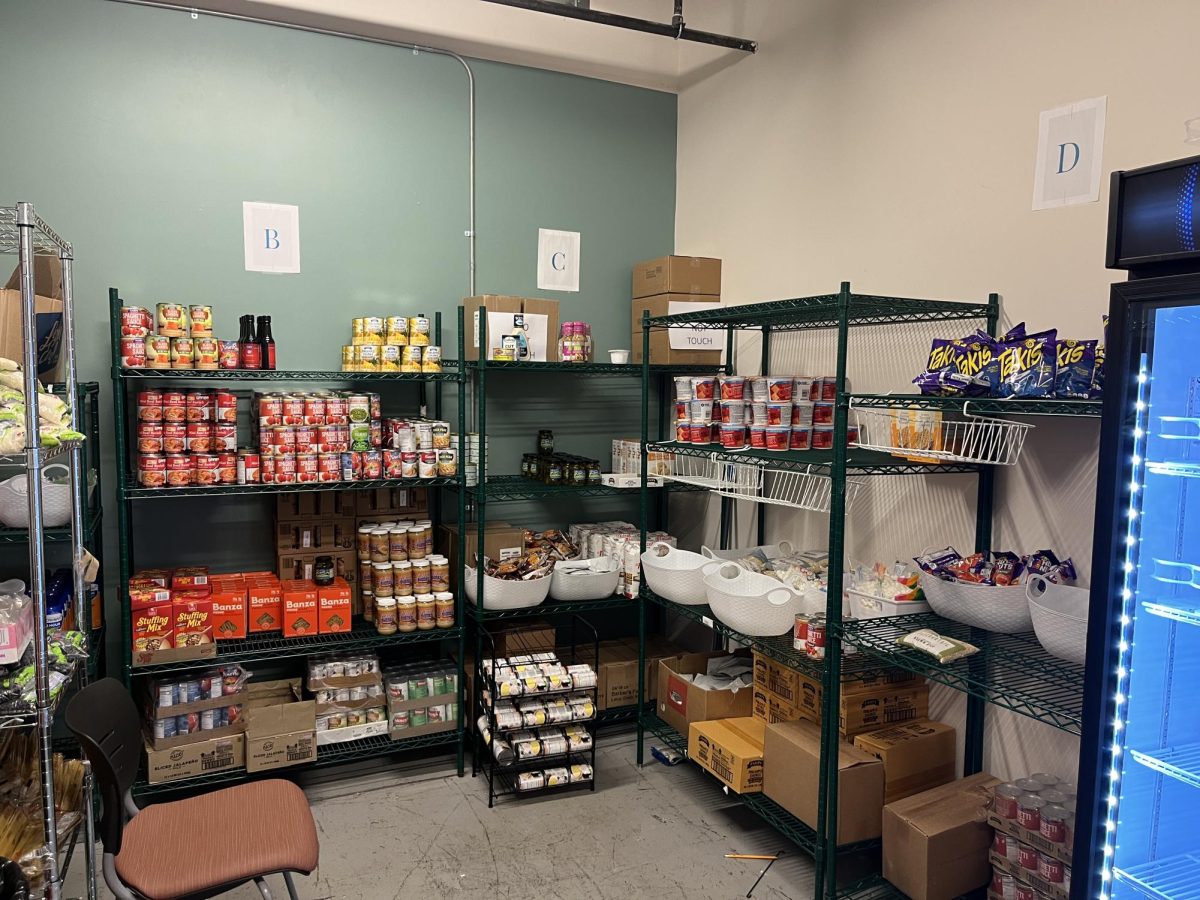 The Pack Pantry has numerous shelves, a freezer and a fridge containing food that students can take for free.