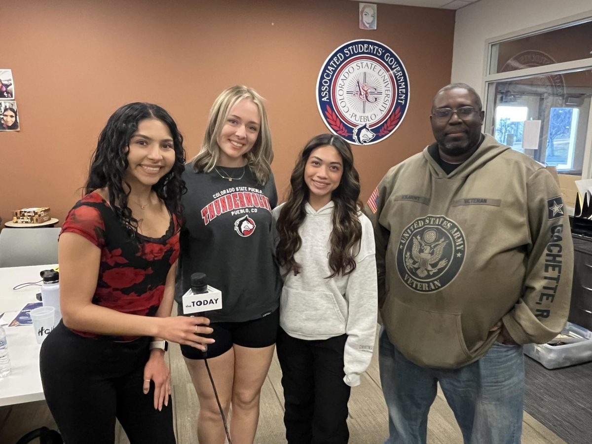 Today reporter Cidonia Ponce (left) speaks with senators in ASG (left to right) Skylar Clark, Rylie Nash, and Rhodes "Rudy" Gachette. 