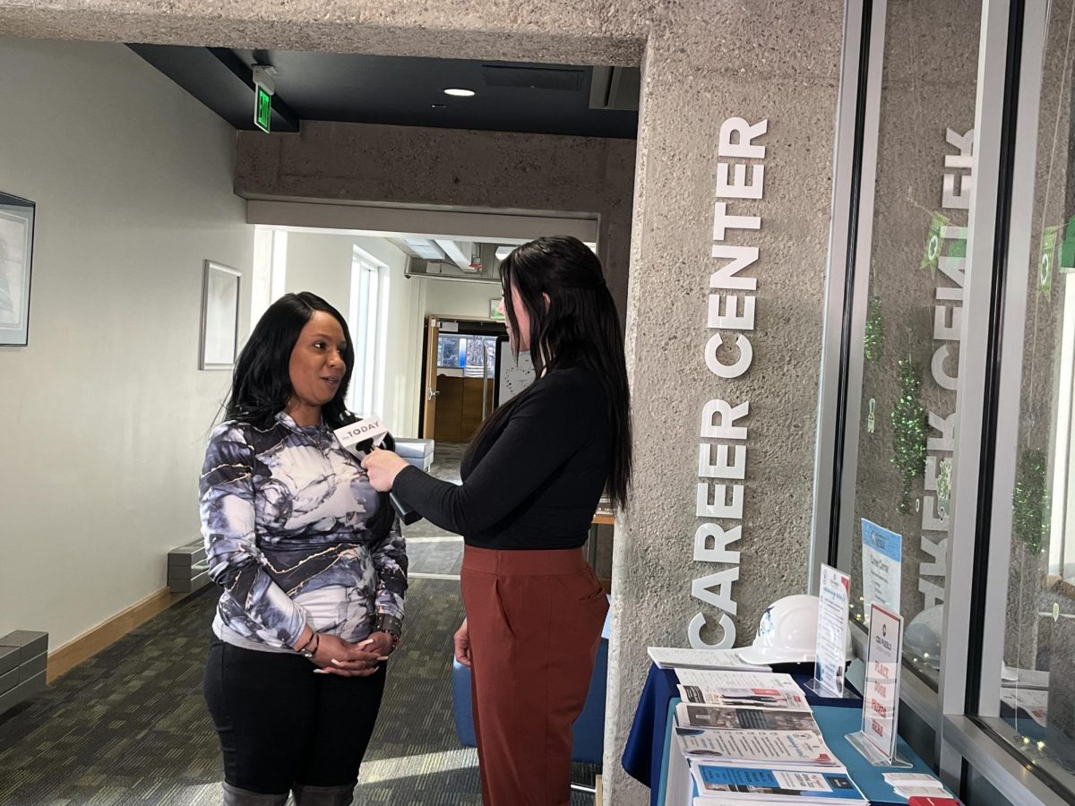 Gabryelle Martinez (right) interviews Shantel Frazier (left) about the events and resources the Career Center offers at CSU Pueblo.