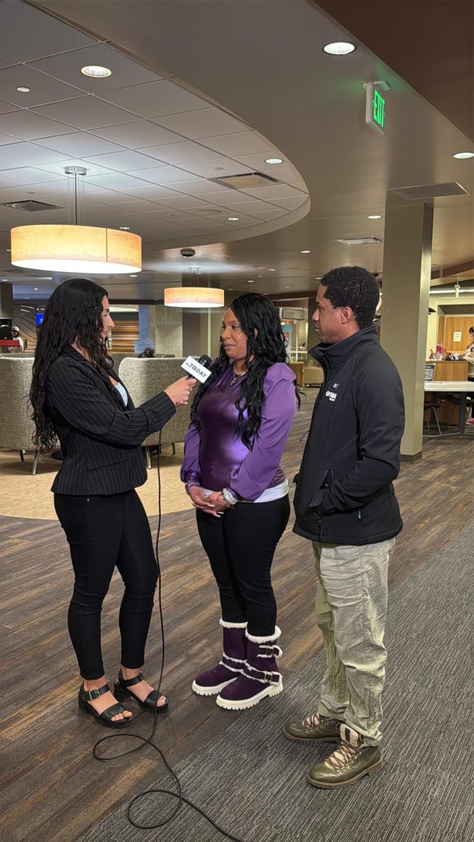 The Today reporter Cidonia Ponce (left) interviews Shantel Frazier (middle) and Emmanuel Jeanmarie (right).