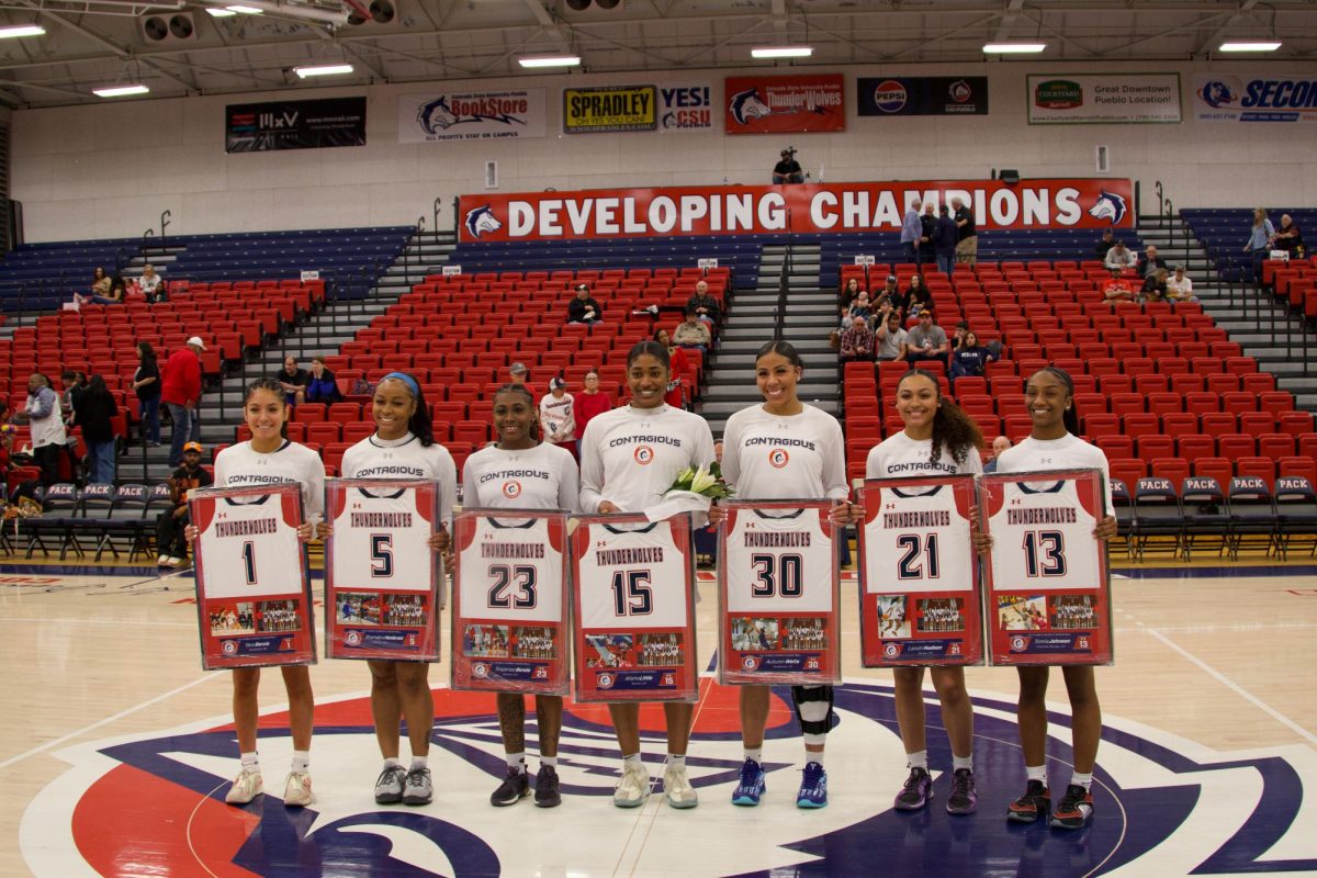 ThunderWolves seniors took center court during their senior night ceremony before tip-off against Colorado School of Mines on Saturday, March 1, at Massari Arena. (Photo by Scott Mills)