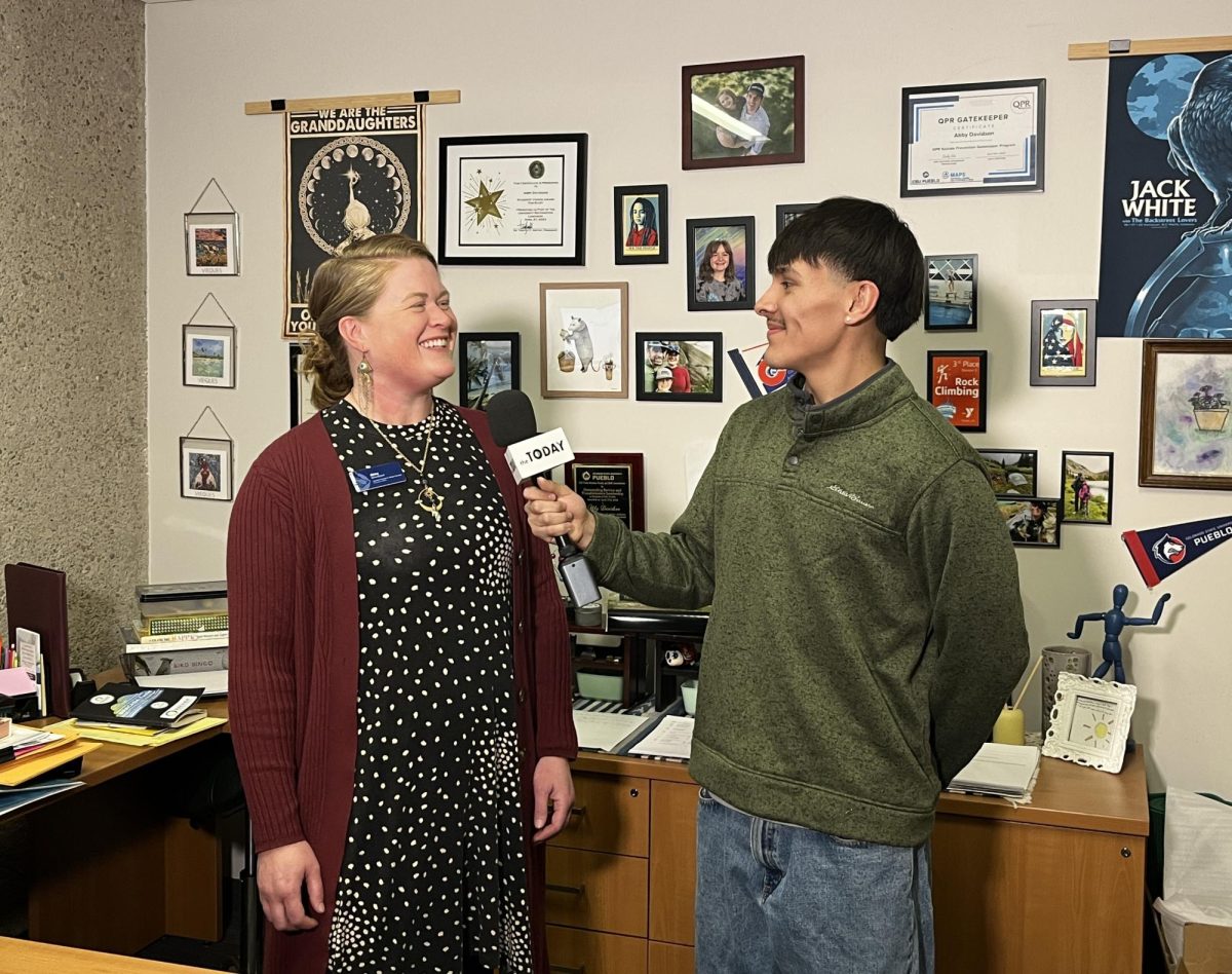 Today reporter Michael Saiz-Aleman (right) interviews Abby Davidson (left) about the upcoming Science Olympiad Tournament at CSU Pueblo. Davidson serves as the tournament director alongside her role as assistant provost for student success.