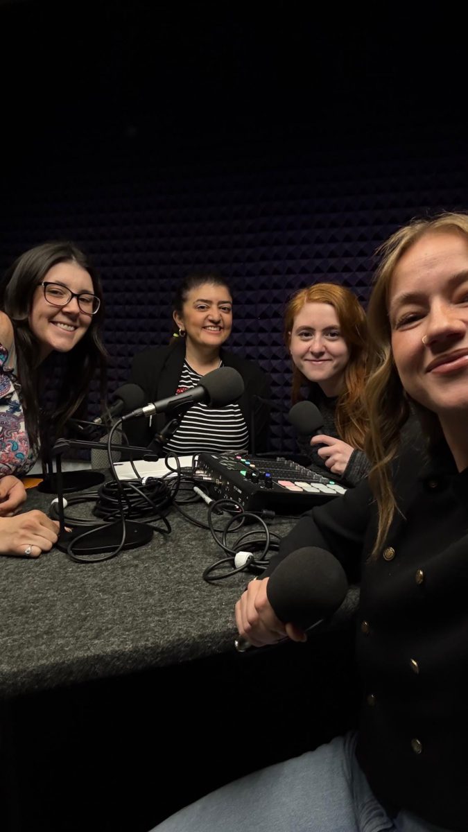 Gabryelle Martinez (left), Shahrzad Sherry Dadgar, Taylor Souther, Dakota Sandras (right), gather at Buell Communications Center to record the first episode of the series Celebrating Women at CSU Pueblo.
