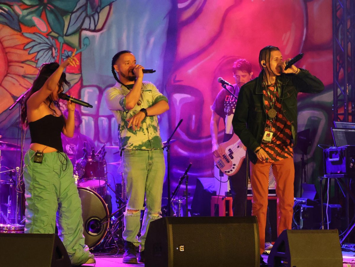 Lolita (far left), Hugo Rodriguez (left) and Owen Trujilo (right),singers from the group 2MX2 performed at the CSU Pueblo stage, located at La Bella Union Plaza during the Steel City Music Showcase on April 12th. 