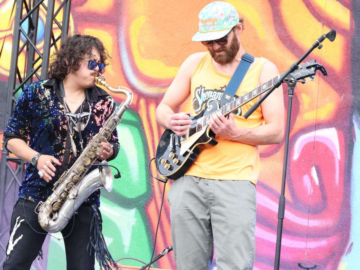 A saxophone player and bass guitar player, apart of the group Beasts of Nation performed at the CSU Pueblo stage, located at La Bella Union Plaza during the Steel City Music Showcase on April 12th.