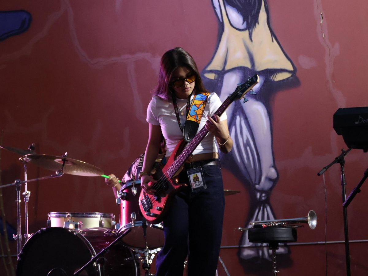 Aloener, bass guitarist from Tensas & The Mourners performed at the Pressley’s stage during the Steel City Music Showcase on April 12. 