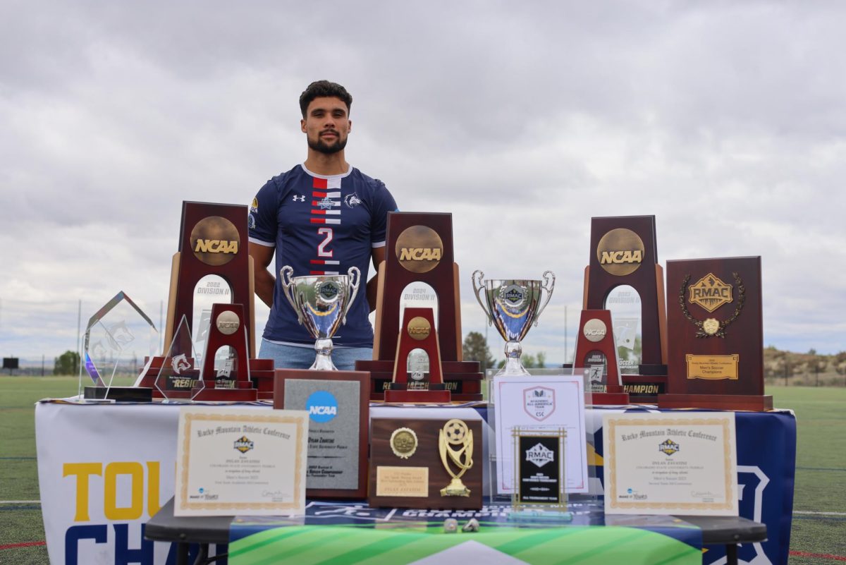 Dylan Viebrantz-Zavatini poses with team and individual awards earned in his time as a Colorado State University Pueblo soccer player. (Photo by Ashlyn Drury)
