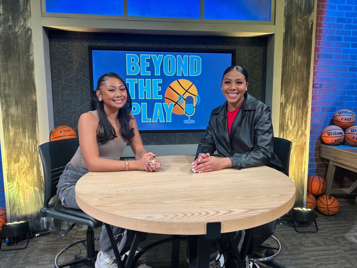 CSU Pueblo women’s basketball guard Jolene Ramiro (Left) and Host Autumn Watts (Right) on set of Beyond the Play. (Photo by Gabryelle Martinez)
