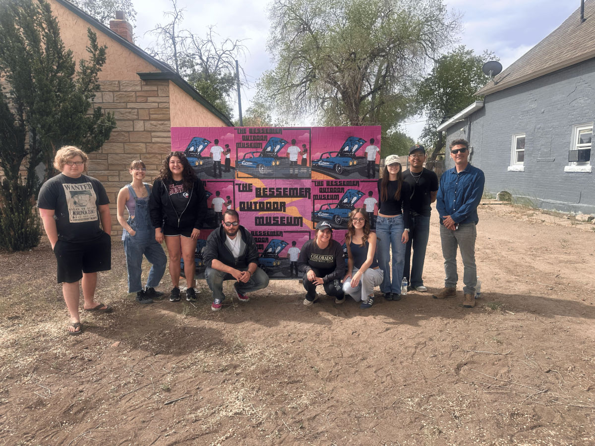 Design students and professor from left to right: Hunter Sandstrom, Caitlyn Proctor, Sebastianna Walsh, Dean Boud, Sarah Iskra, Molly Charles, RaeAllen Flores, Amarie Paxton, Matthew Garcia (photo by Trevor Vigil).